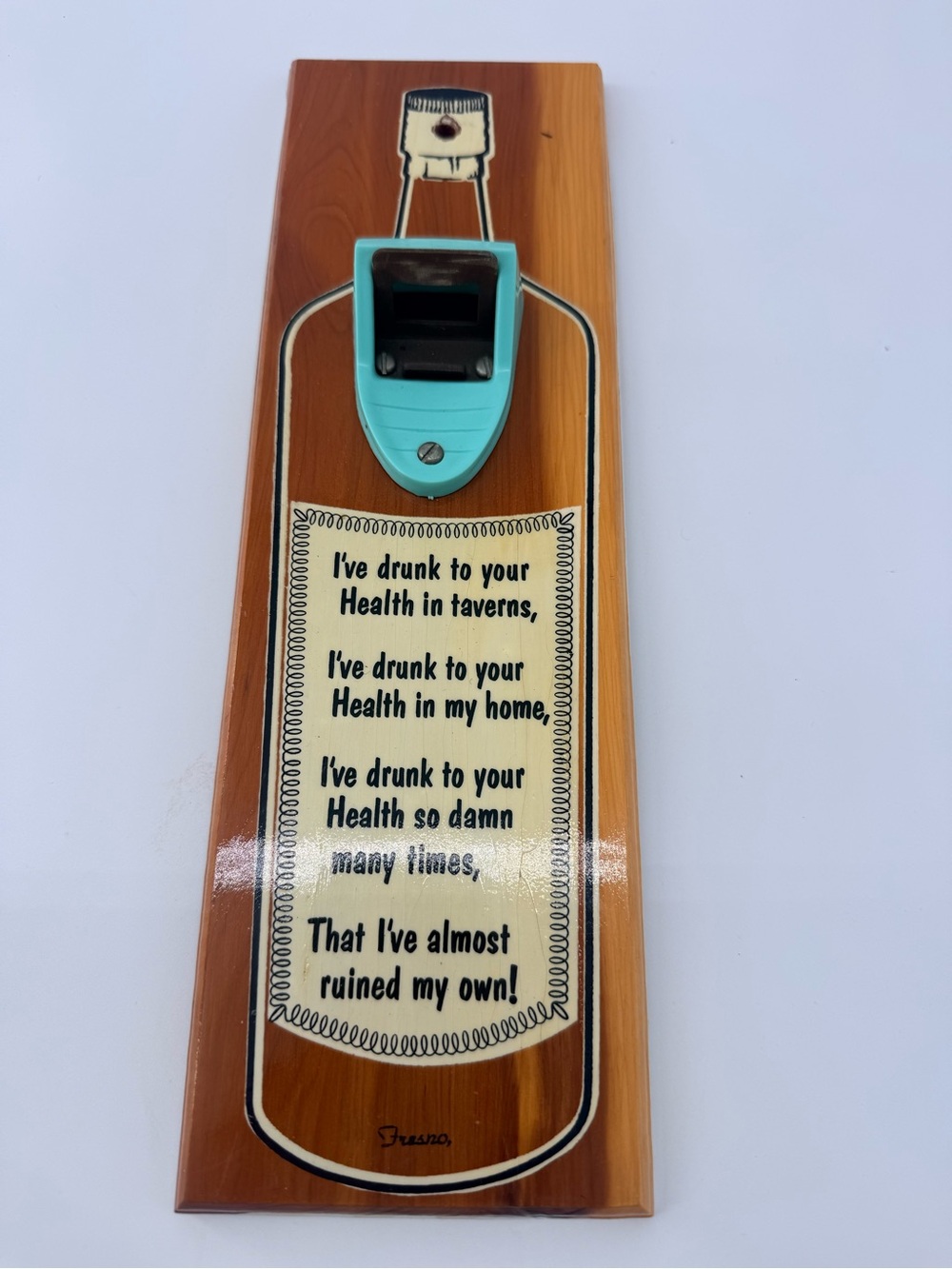 Wall-Mounted Bottle Opener with Turquoise Opener and Woodtone Plaque